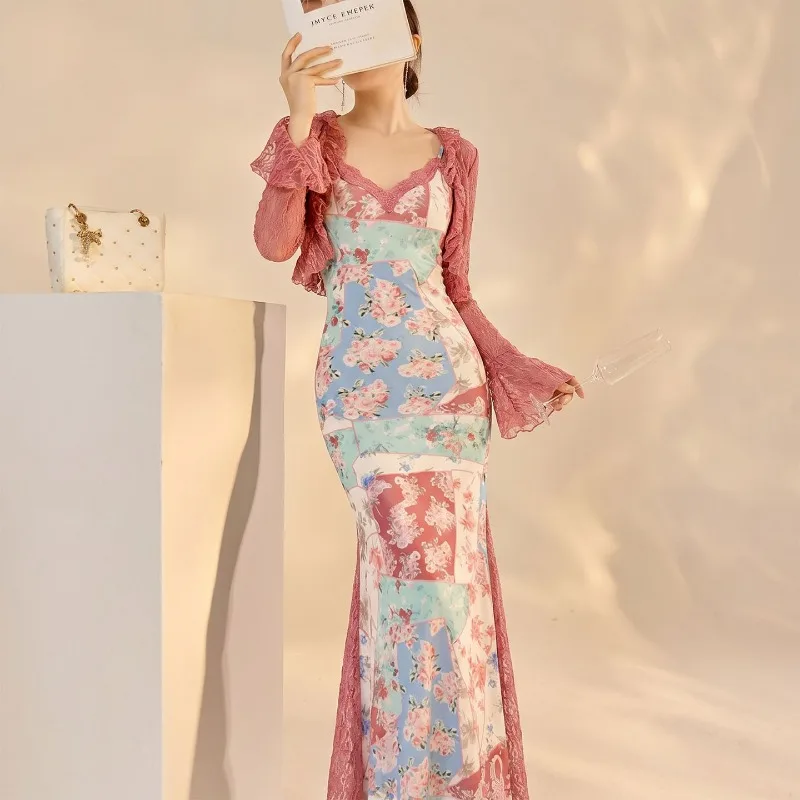 2 Piece Women Floral Mermaid Patchwork Print  Bodycon Dress + Ruffle Lace Flare Sleeve Set Summer Beach Vacation Daily  Outfit