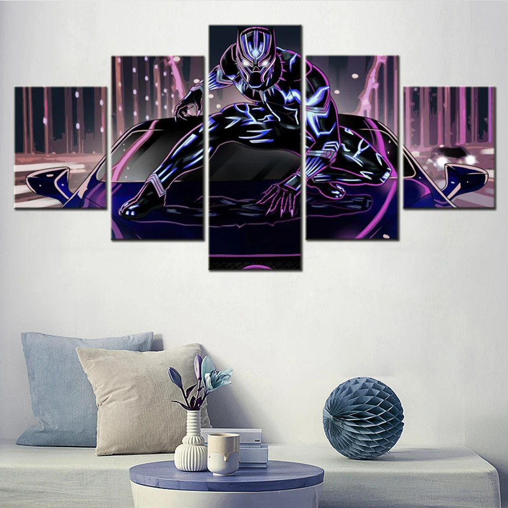 5 Pieces Canvas Wall Arts Poster Painting Black Digital Art Panther Wallpaper Modular Picture Print Home Decor For Living Room