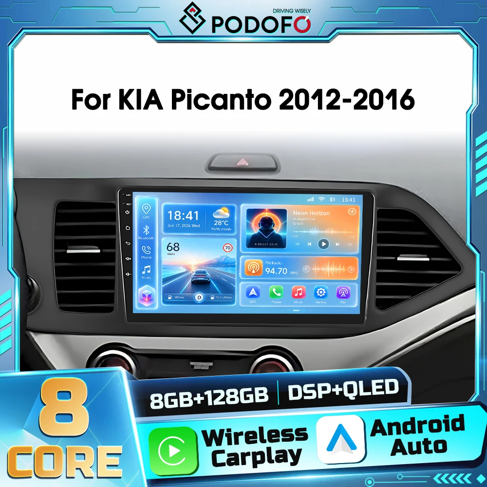 Podofo 2din Lettore Multimediale Android per Auto KIA Picanto 2012-2016 con Carplay Wireless, Android Auto, GPS, WIFI, DSP, Bluetooth, FM, RDS, Autoradio