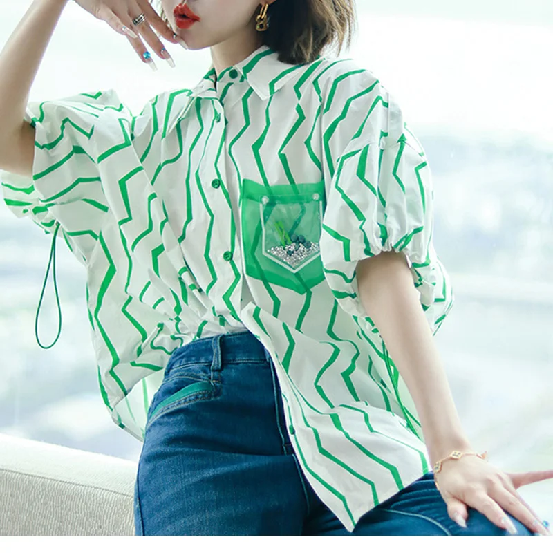 2023 New Summer Fashionable and Westernized Casual Loose Collar Stripe Elastic Drawstring Reduced Age Simple Women's Shirt