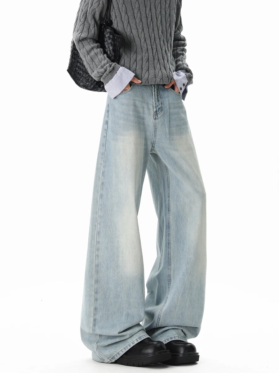 

American High Street Vibe Light Blue Men's Jeans Casual Loose Cleanfit Straight Leg Long Pants Spring Autumn Seasonal Wear