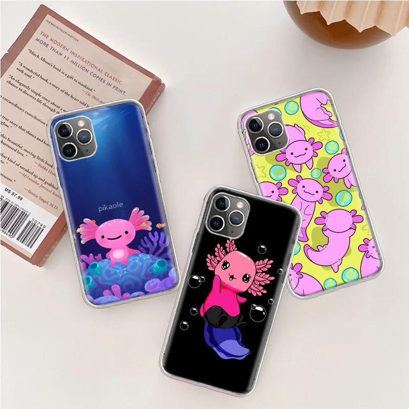 Kawaii Axolotl Pattern Phone Case For Iphone 14 13 15 16 Pro Max Plus Apple 11 12 Mini X XS Max XR Clear Cover Shell Coque Silic