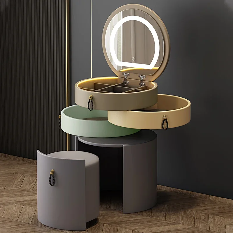 

Makeup Vanity Equipped With Bluetooth Speaker Stool LED Leather Lint Dresser Storage Cabinet Integrated Cabinet Dressing Table