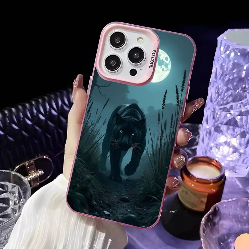 Dark Night Panther telefoonhoesje voor iPhone 16,15,14,13,12,11, Mini, Pro, MAX roze matte schokbestendige hoes