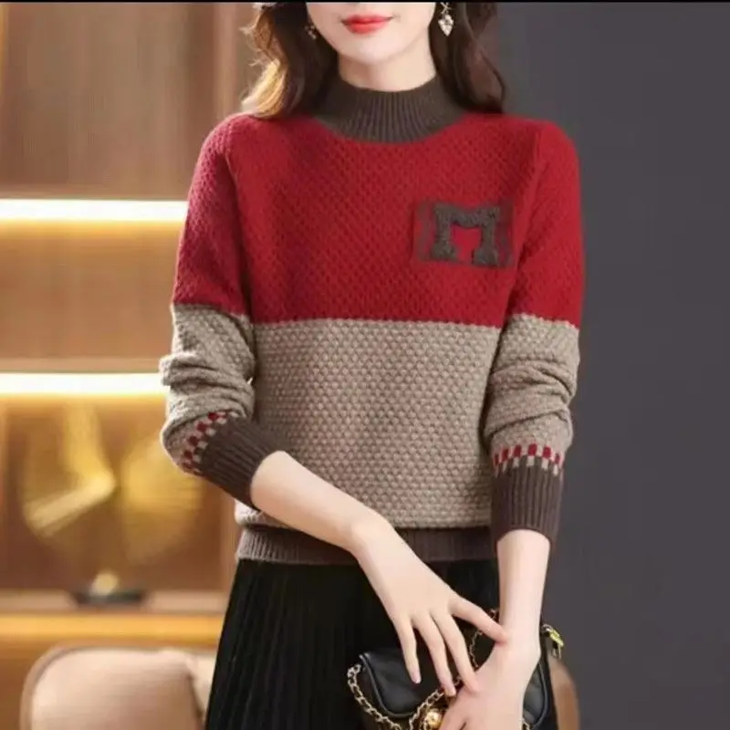 2023 New Autumn and Winter Fashion Half High Collar Spliced Knitted Long Sleeve Stylish and Thickened Women's Casual Sweater