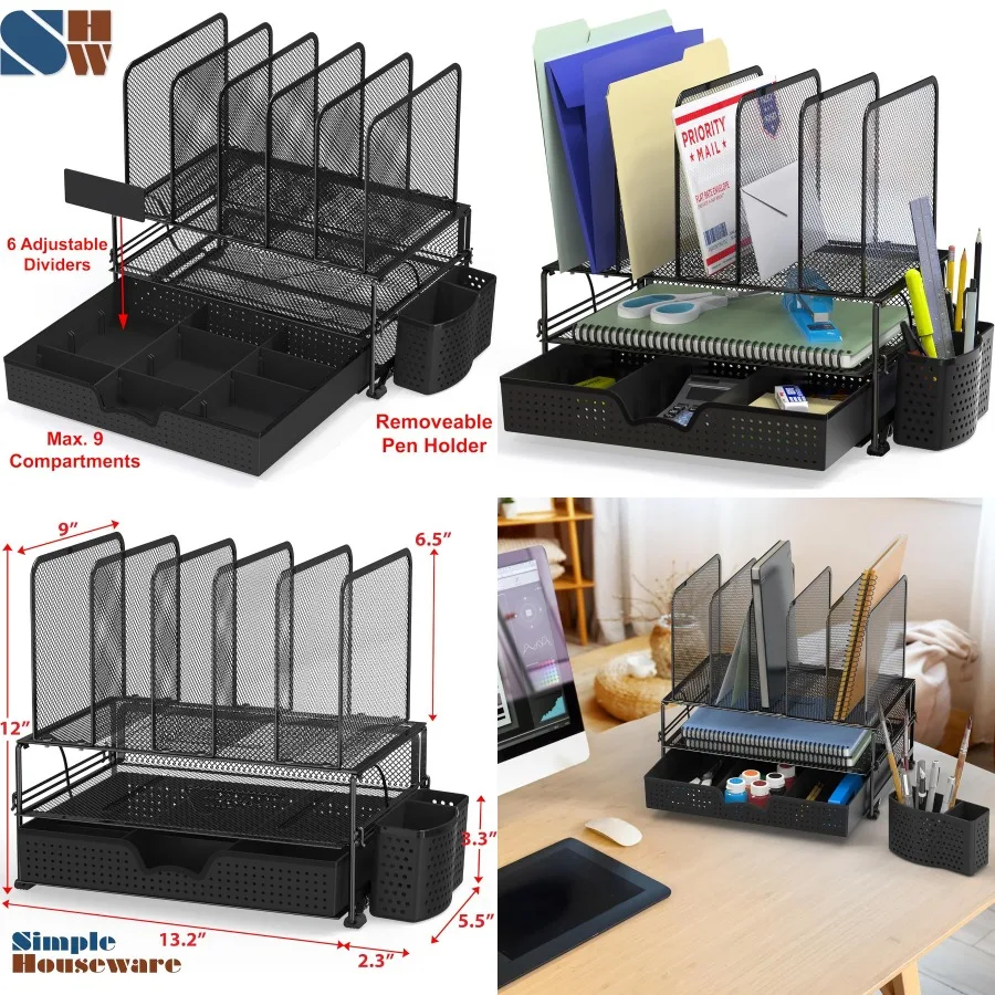 

Настольный органайзер из черной сетки с выдвижным ящиком и двойным подносом и 5 вертикальными секциями для эффективного прокладки кабелей и Docu