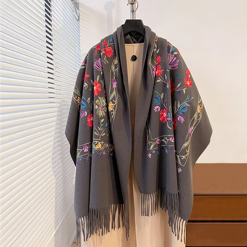 Luxury Winter Embroidery Cashmere Scarf Women New Design Warm Pashmina Blanket Poncho Scarves Female Shawl Thick Foulard Bufanda