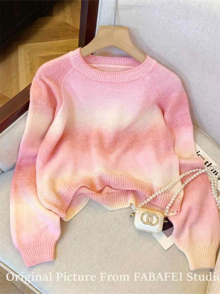 Women's Pink Pullover Knitted Sweater 90s Vintage Harajuku Korean Y2k Tie-Dyed Long Sleeves V-Neck Jumper Sweaters 2000s Clothes