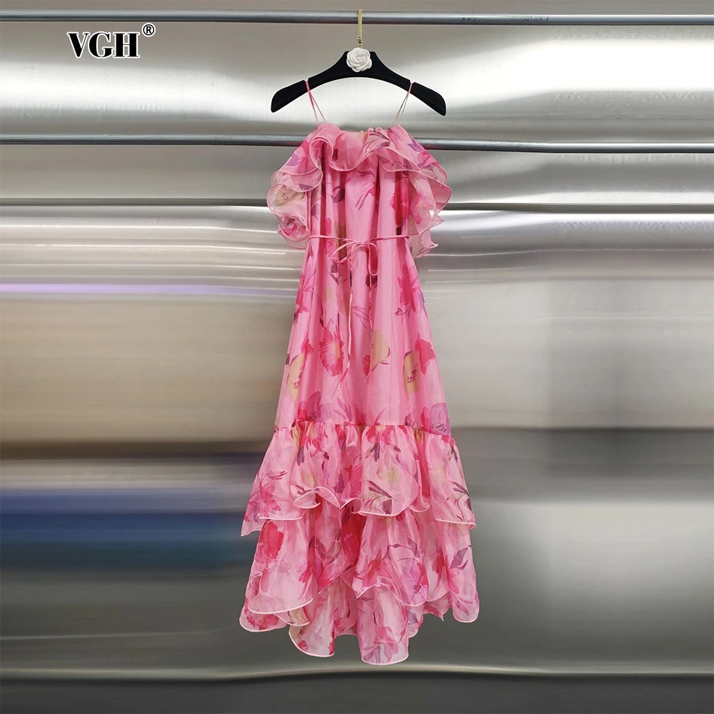 

VGH Colorblock Printing Fairy Dresses for Women Square Collar High Waist Elegant Spliced Ruffles Edge Midi Dress Female Summer