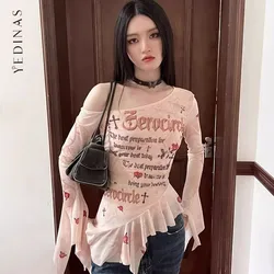 Yedinas Streetwear Flare Sleeve Mesh Tops Long Sleeve Korean Fashion Off Shoulder Print T Shirt Women Clothes Ladise Tops Y2k