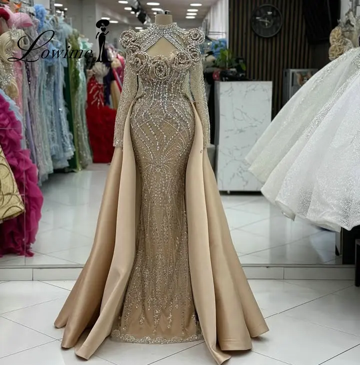 

Двухслойные вечерние платья-русалка цвета шампань с длинными рукавами, 2026, с индивидуальной отделкой из кристаллов и жемчуга, для выпускного вечера, свадьбы и торжественных мероприятий