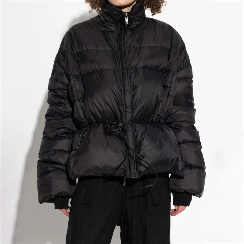 Women's jacket 2025 Winter lace up loose couple style high neck down jacket White duck down filled warm thick coat down coats