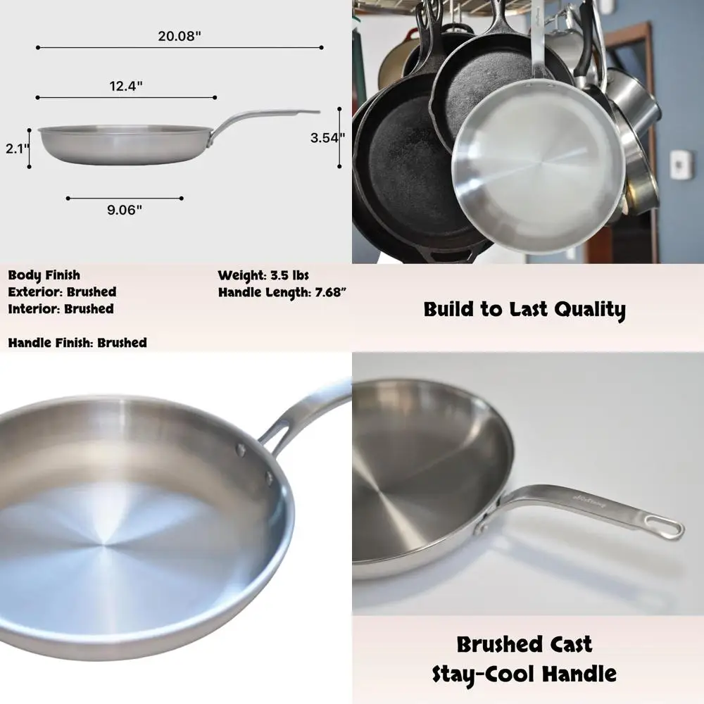 

12-Inch 5-Ply Stainless Steel Fry Pan with Induction Compatibility and Cool Handle Design