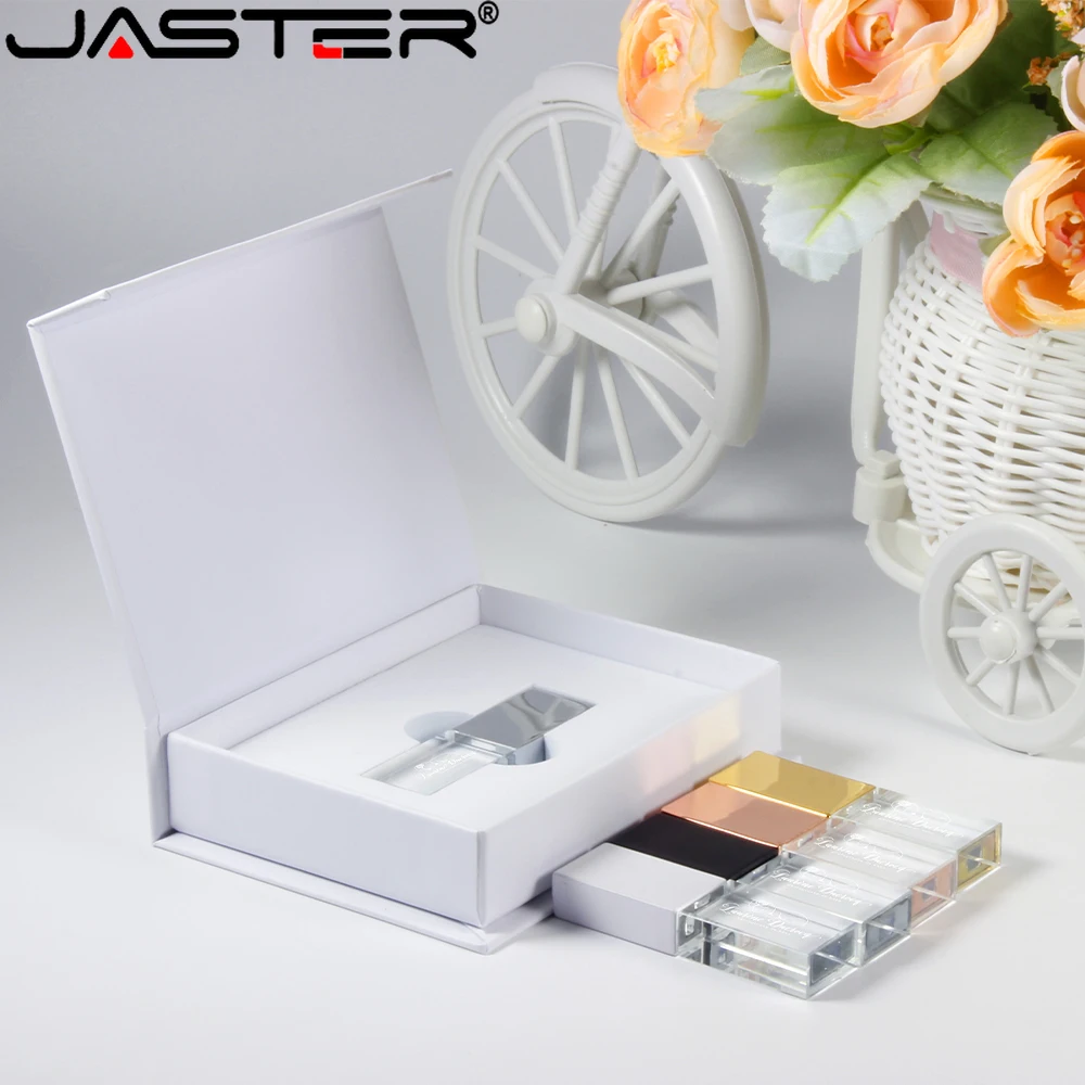 Janks stiker memori kristal USB 2.0, Flash Drive 128GB 64GB dengan lampu LED 32GB 16GB, stik memori kaca bening hadiah pernikahan