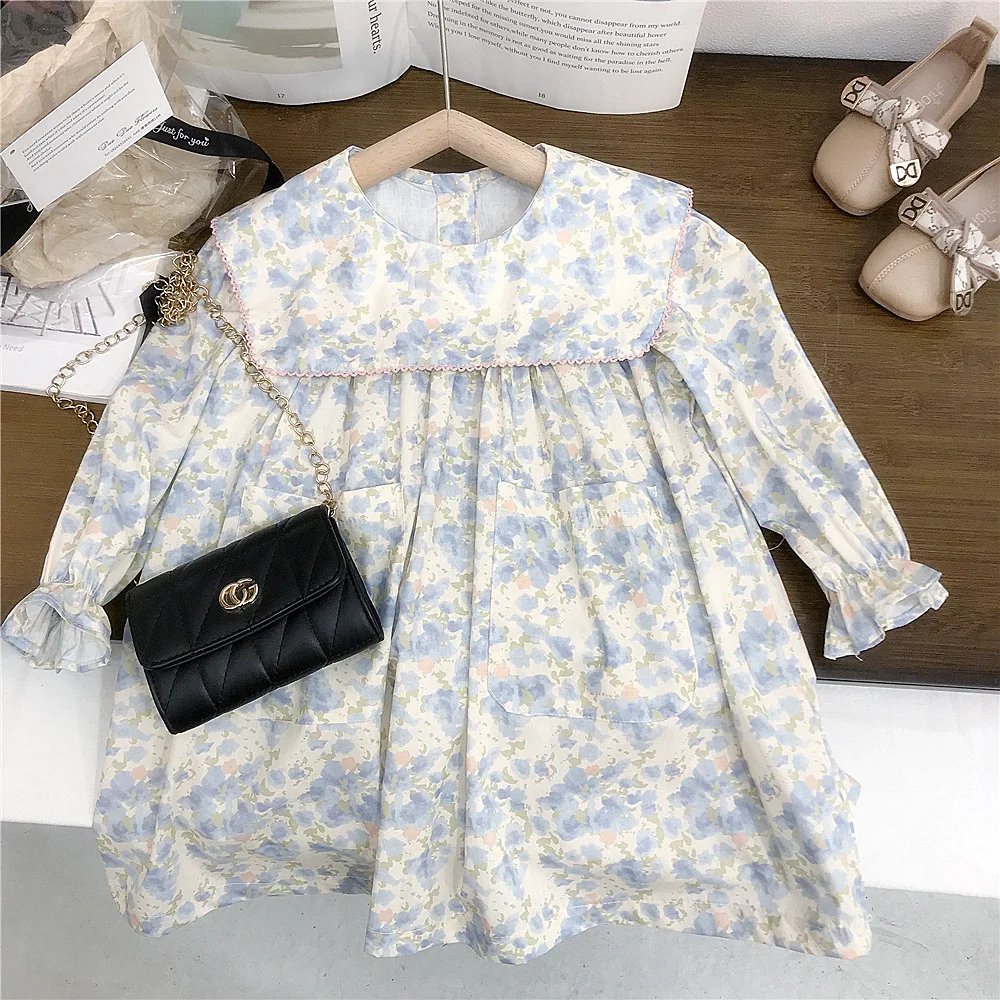 

RAISE Spring Children Girls Dress Cotton Floral Print Long Sleeve Toddler Kids Girl Dress Patched Collar Infant Babys Girl Dress