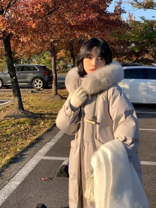 

Korean Sle Thiened Cotton Jaet with Fur Collar ex Hooded Mid-Length Coat Button Design Winter Warm Outerwear