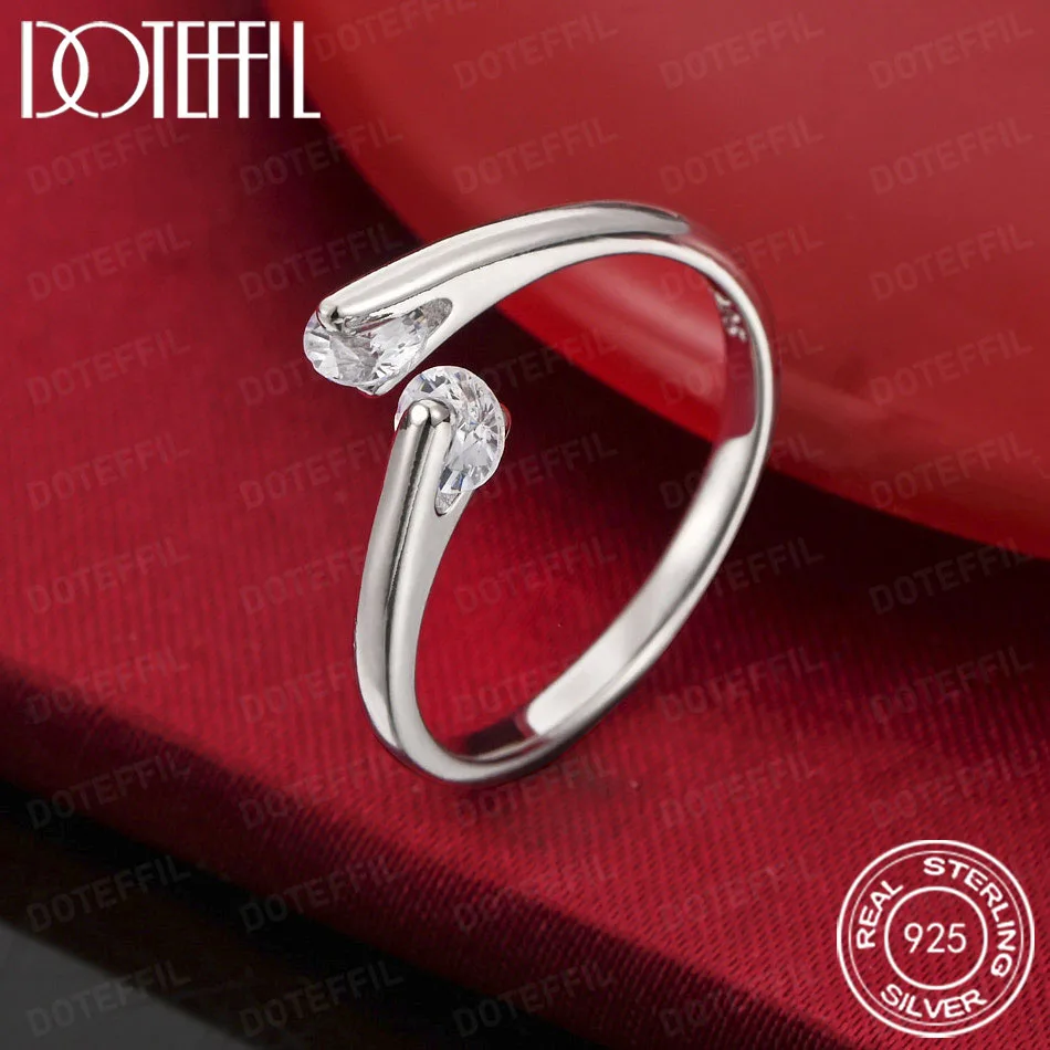 

DOTEFFIL 925 Sterling Silver Double Crystal Ring for Women Shiny Wedding Jewelry Accessory