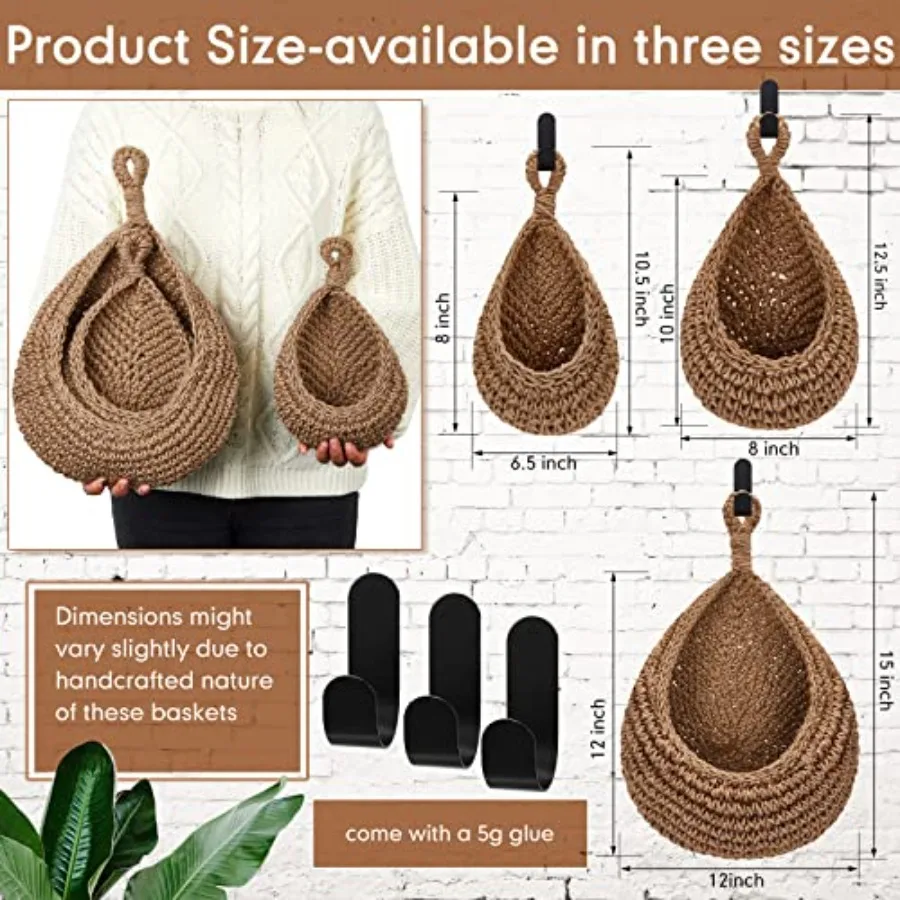 Boho Decor Hanging Wall Baskets for Kitchen 3 Pack Baskets Hooks Storage Fruit Onion Vegetable Potato for Home 3 Sizes view 3