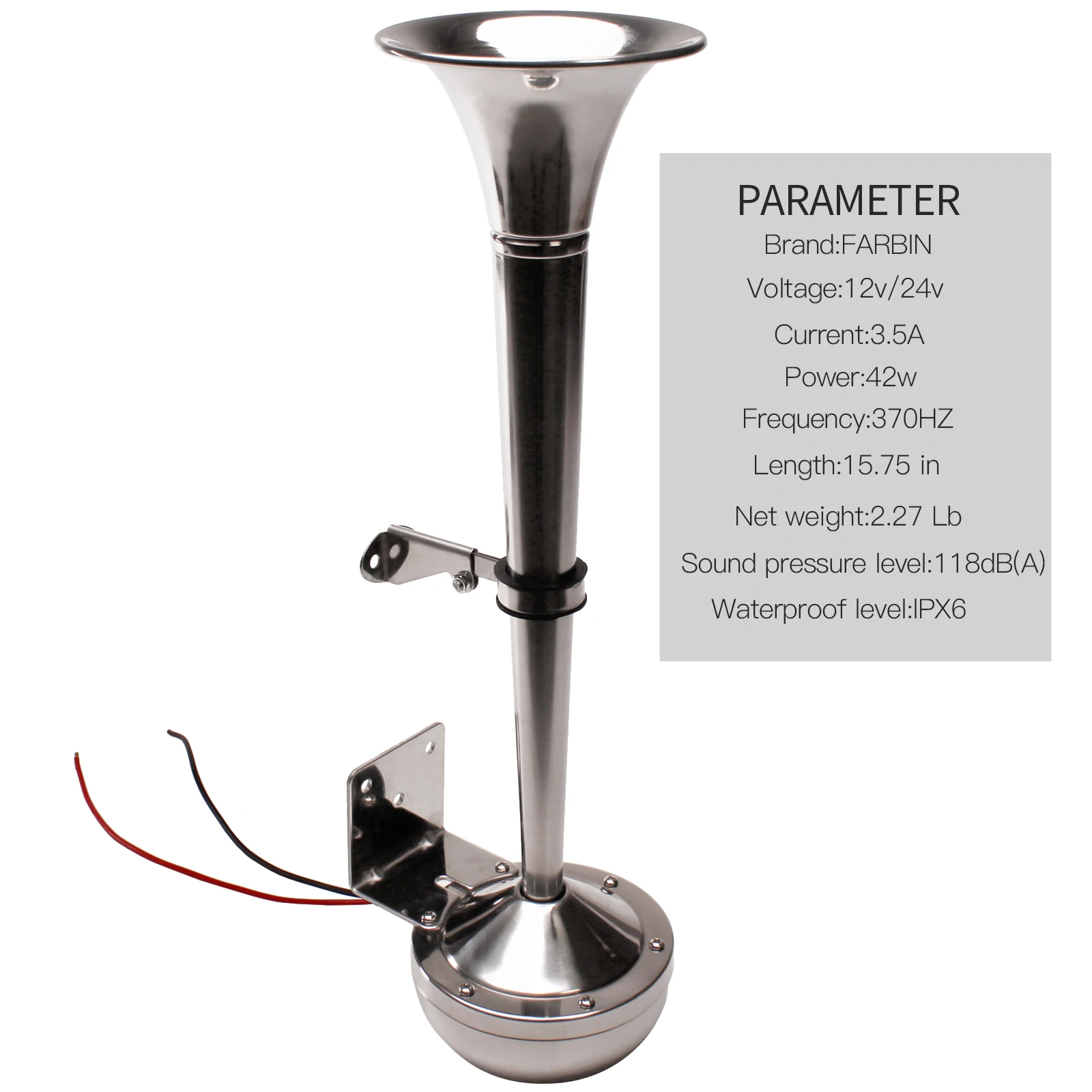 FARBIN 12V/24V Loud High/Low Marine Boat Stainless Steel Single Trumpet Electric Horn For Ship Sailboat Yacht Car Trucks
