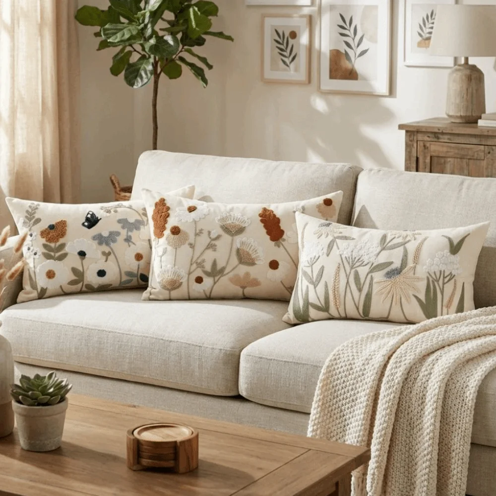 

Pastoral Floral Embroidered Cushion Cover Canvas Square Decorative Pillow Case Spring Theme Wear Resistant