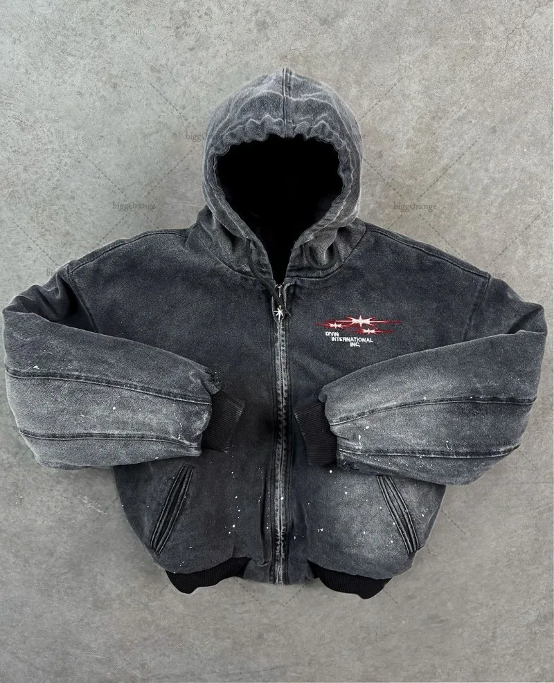 2024 high street na moda marca streetwear harajuku retro bordado respingo tinta lavagem denim jaqueta masculina hip hop casual casaco com capuz
