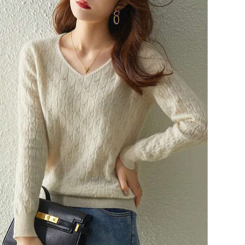 Women Clothing Fashion All-match V-neck Knit Pullover Autumn Winter Casual Loose Hollow Out Thin Sweater Office Lady Elegant Top