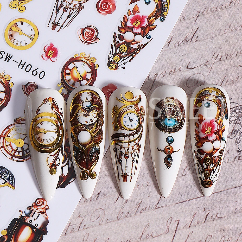 2 szt. Naklejki na paznokcie na Nowy Rok, samoprzylepne, retro zegar, róża, kwiat, koła zębate, ozdoby do manicure, naklejki na paznokcie, akcesoria do paznokci