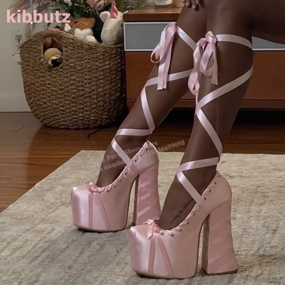 

Cross-Tied Pointy Platform Square Heels Pumps Solid Lace-Up Flock Height Increasing Sandals Sweet Fashion Shoes 2023 New Arrival