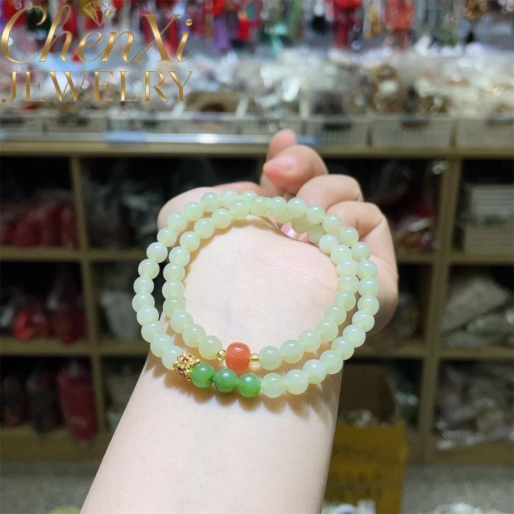 High-end Natural Hetian Jade Round Beads Double-loop Bracelet Luxury Quality Fashion Fine Jewelry Exquisite Elegant Popular Gift