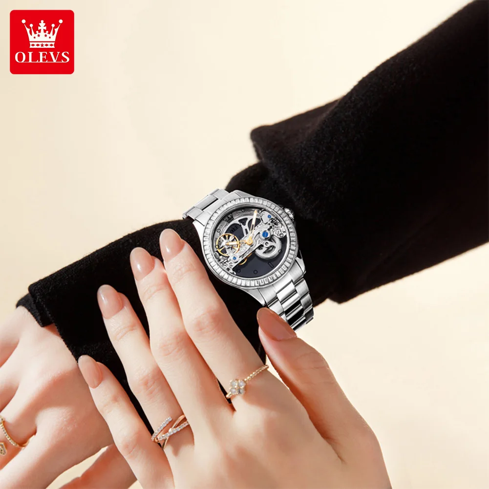 OLEVS Automatic Watch For Women Elegant Skeleton Transparent Mechanical Watch Diamond Fashion Classic Waterproof High End 6699
