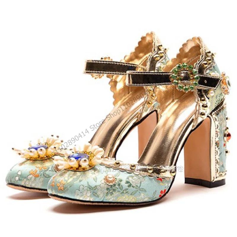 Colorful Floral Bead Jewel Metal Decor Pumps Ankle Buckle Strap Women Shoes Chunky High Heels Banquet 2023 Zapatos Para Mujere