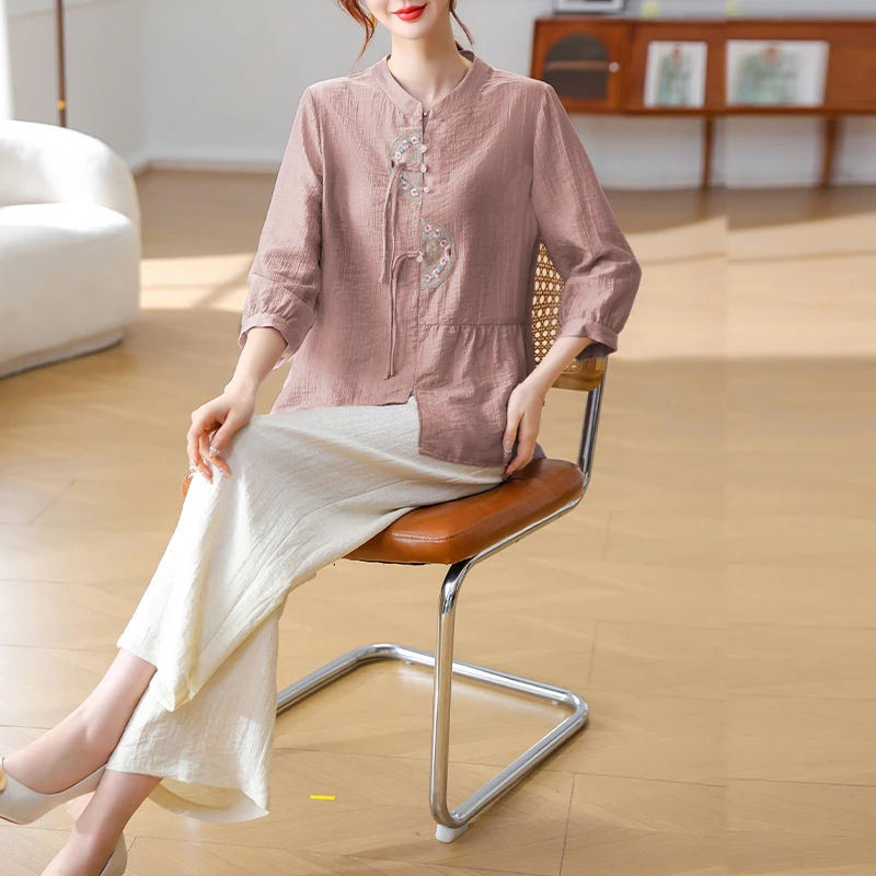 

Модный комплект из хлопка и льна для женщин среднего возраста: летняя новинка в китайском стиле, свободный крой, круглый вырез, застежка на одну пуговицу