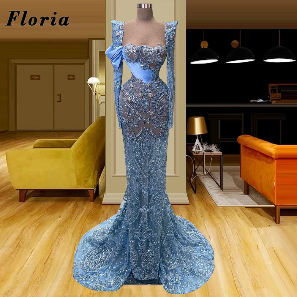 

Blue Mermaid Beaded Evening Dresses Middle East Slim Party Night 2023 Robe Du Soir Formal Prom Dress Dubai Couture Pageant Dress