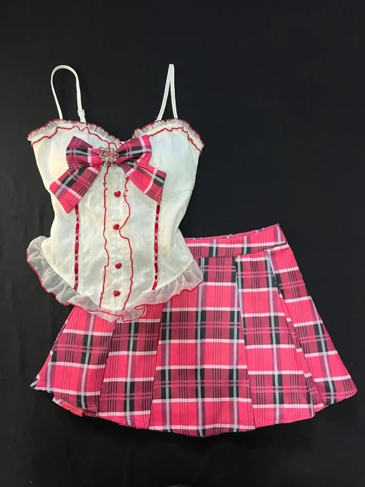 

Preppy Style Hot Girl Sweet Slim 2-piece Set Design Warm Bow Sling Tops Women Summer Hepburn High-waist Pink Short Skirt Suit