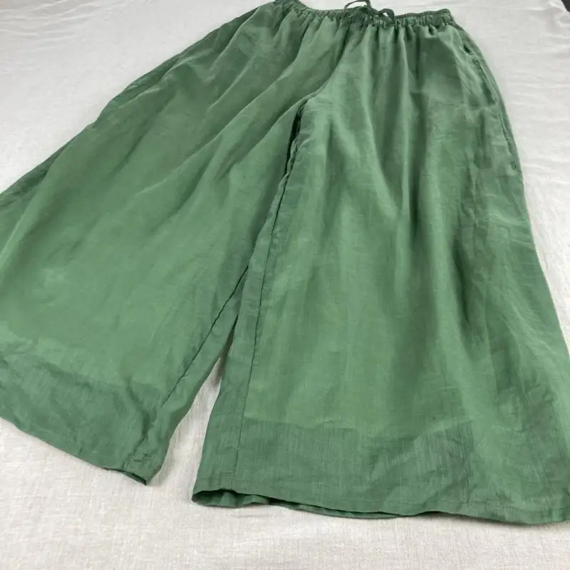 New Arrival Arts Style Spring Summer Women Elastic Waist Loose Trousers All-matched Casual Double-deck Ramie Wide Leg Pants T622
