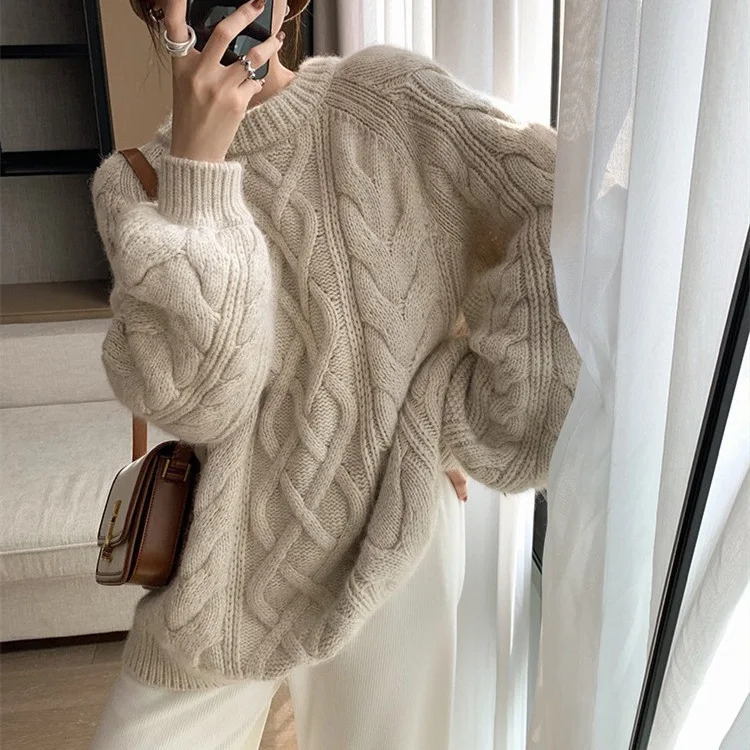 

Women Sweaters Long Sleeve Thick Screw Thread Round Neck Knitted Pullovers Solid Loose Casual Warm Jumpers High Street