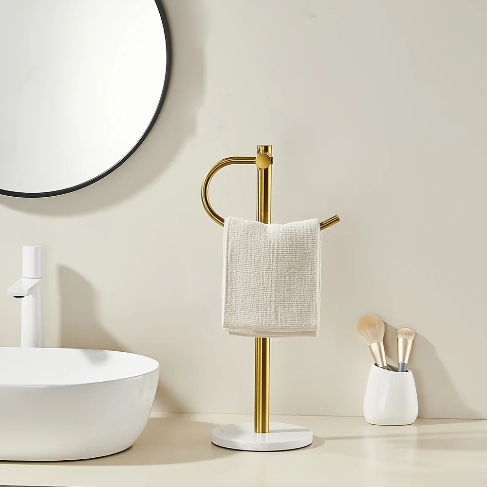 Luxury Gold Metal Freestanding Towel Rack with Marble Base Sturdy Bathroom Towel Stand Countertop Organizer Bathroom Accessories