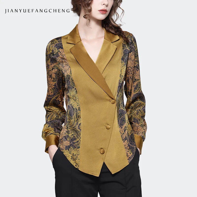 Gorgeous Women Long Sleeve Yellow Floral Satin Shirt Elegant Patchwork Design Suit Collar Blouse 2023 Autumn New Ladies Tops