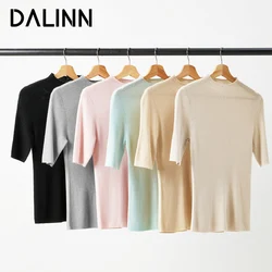 DALINN-Pulls Slim à Col Montant pour Femme, 30.7% Mélange de Laine de Mouton, Pulls Chics Monochromes à Demi-Manches, Haut Basique, Automne et Hiver 2023