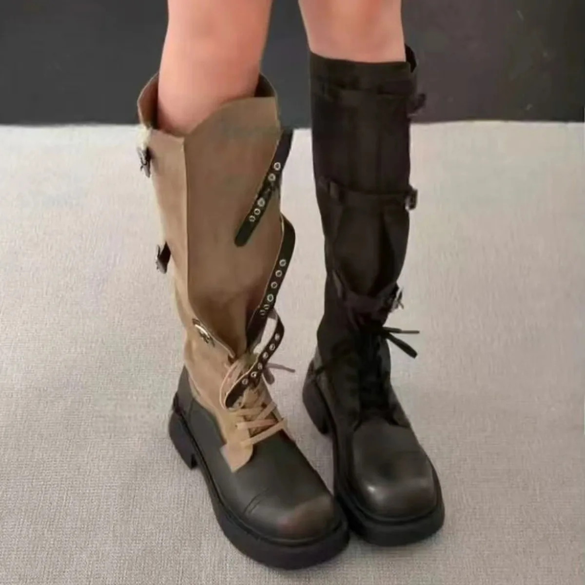 2026 New Women Boots Fashion Chunky Heel Western Cowboy Boots Lace Up Height-Boosting Women Knee Riding Boots Designer Shoes
