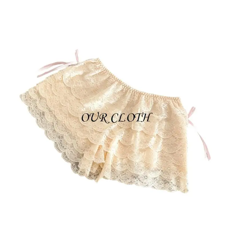 Women Tiered Ruffle Lace Bloomers Shorts Bowknot Accent Safety Frilly Pettipants Y1AC