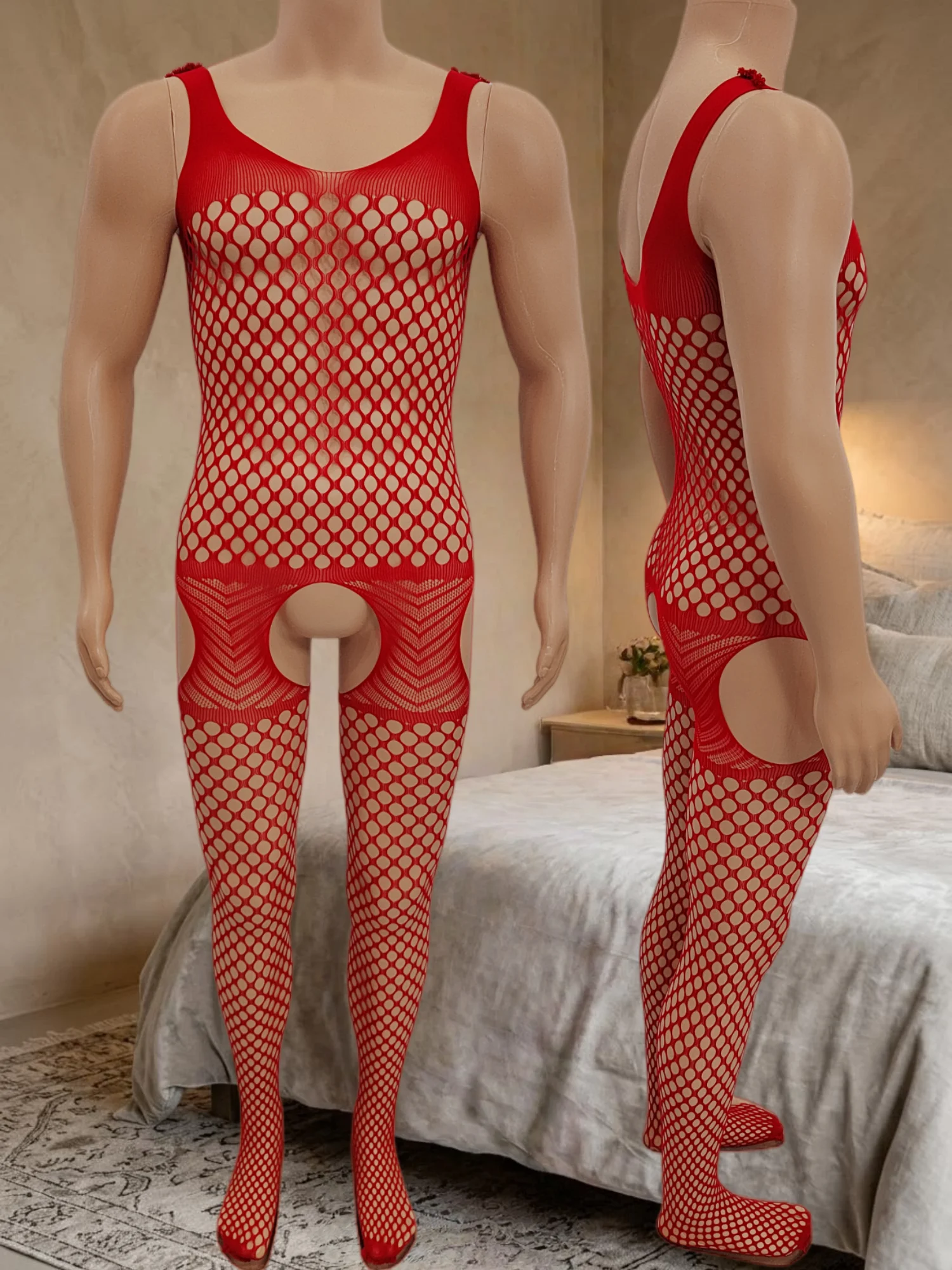 Men Open Crotch Fishnet Bodysuit Sleeveless Mesh Pantyhose See Through Hollow Full Body Stockings Elastic Sexy Male Lingerie