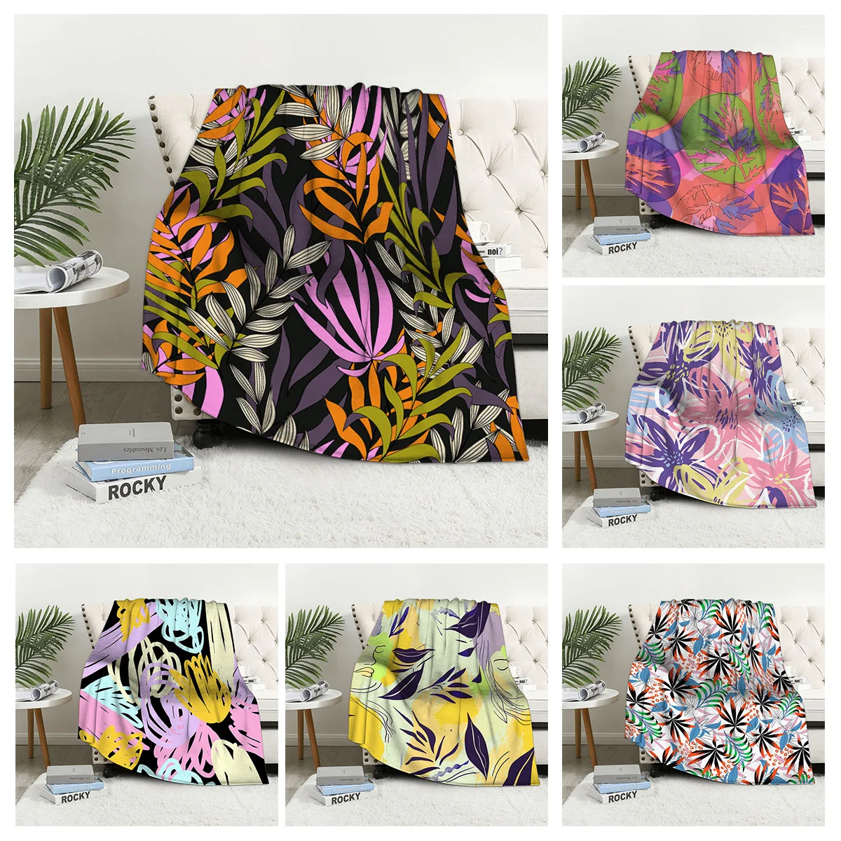 

Home Decorative Plush Sofa Blanket Bedspread Bed Fluffy Soft Blanket Decorative Check Modern Abstract Tropical Plants