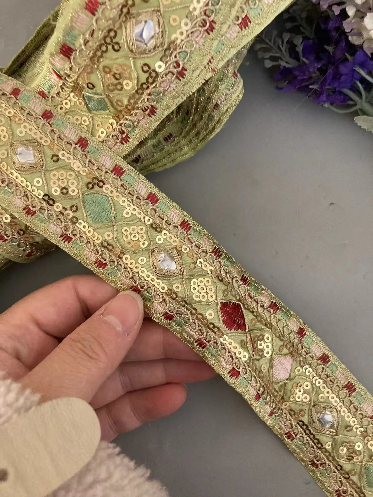 1 Yards Ye;llow 4.5cm Wide Ethnic Style Embroidery Lace Accessories Diamond-shaped Sequin Embroidered Barcode Clothing Webbing