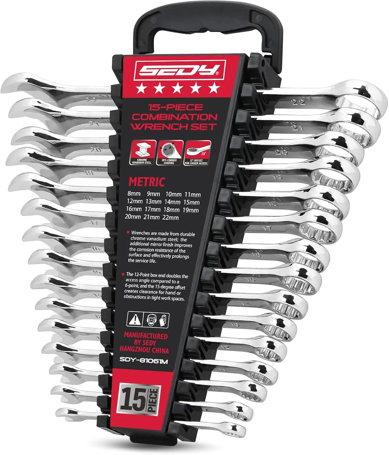 

15-Piece Metric Combination Wrench Set 8–22mm, 12-Point, Chrome Vanadium Steel with Organizer
