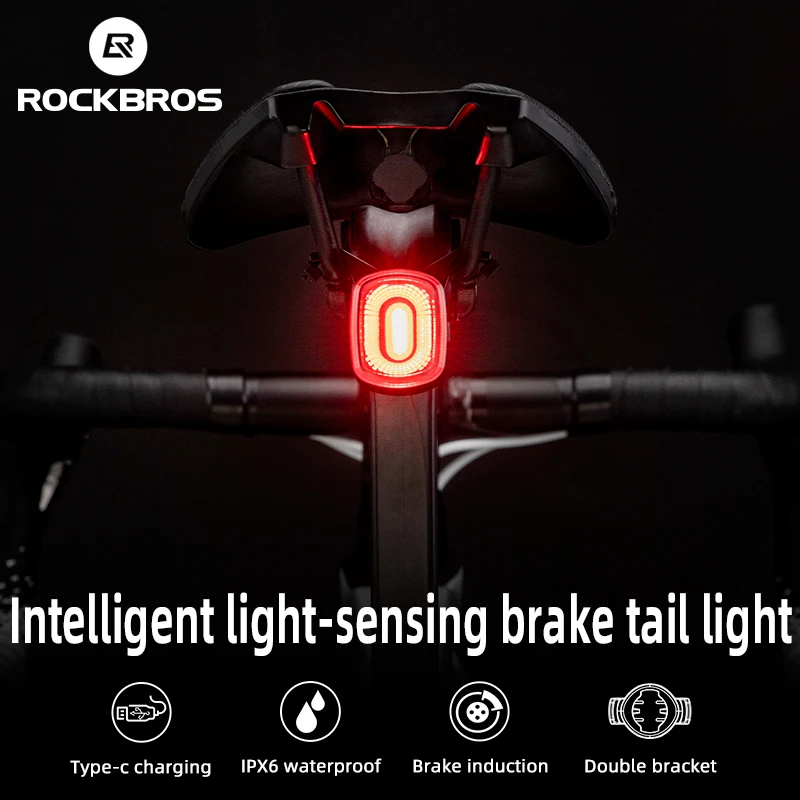 ROCKBROS Smart Bicycle Brake Light Waterproof Type-C Charging Cycling LED Light Warning Safety Bike Tail Bicycle Accessories