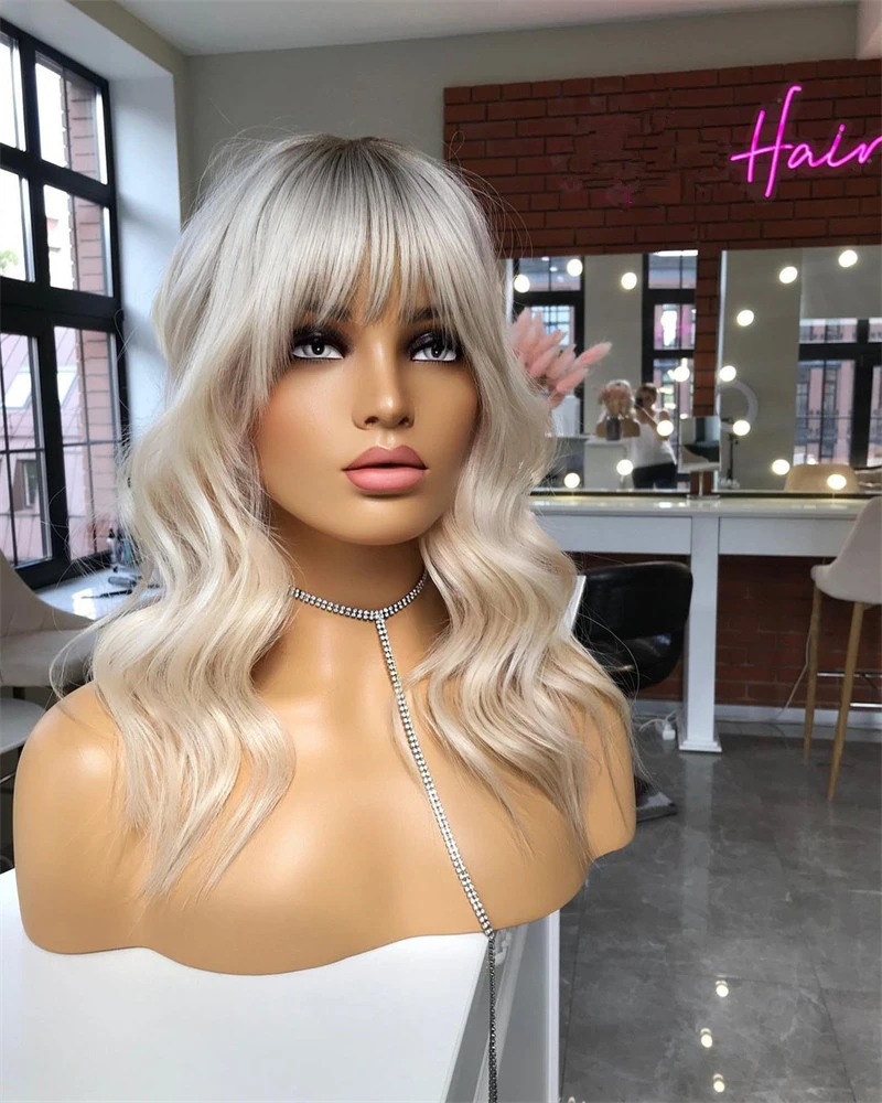 

Синтетический парик спереди Ombre Blonde для женщин Короткие волнистые парики платиновой блондинки с челкой Предварительно выщипанные термостойкие бесклеевые парики