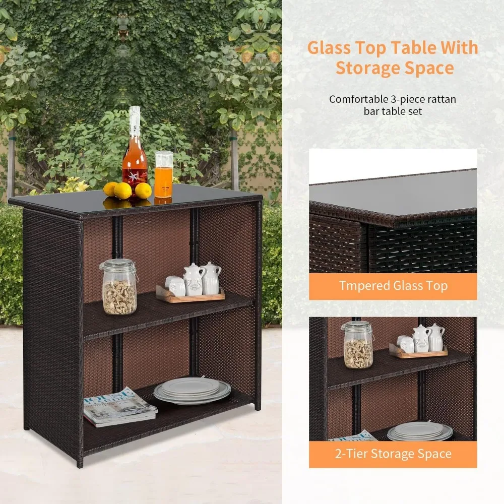 Furnitur Teras Anyaman 3 Buah Set Teras Kursi Anyaman Set Percakapan Rotan Luar Ruangan Set Bistro Meja Kopi untuk Halaman atau Punggung