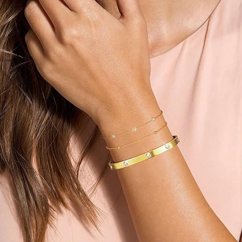 Dainty Stainless Steel Bracelet Cuff Stack Non Tarnish Gold Color Adjustable 14K Gold Plated Bangle Tennis Waterproof Fashion