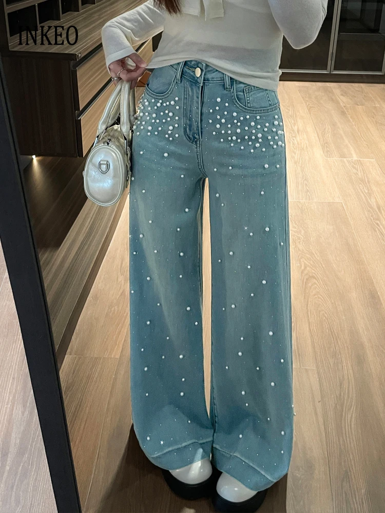 

Джинсы с жемчужной отделкой в стиле стритвир для женщин, новая коллекция 2026 года, с высокой талией, широкие штанины, корейский стиль, INKEO 6B004